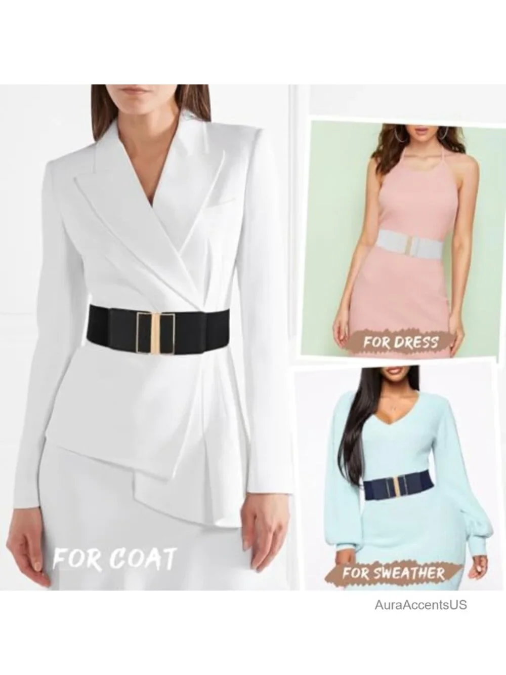 Wide Elastic Belt with Interlocking Buckle - Stretchy Waistband for Dresses